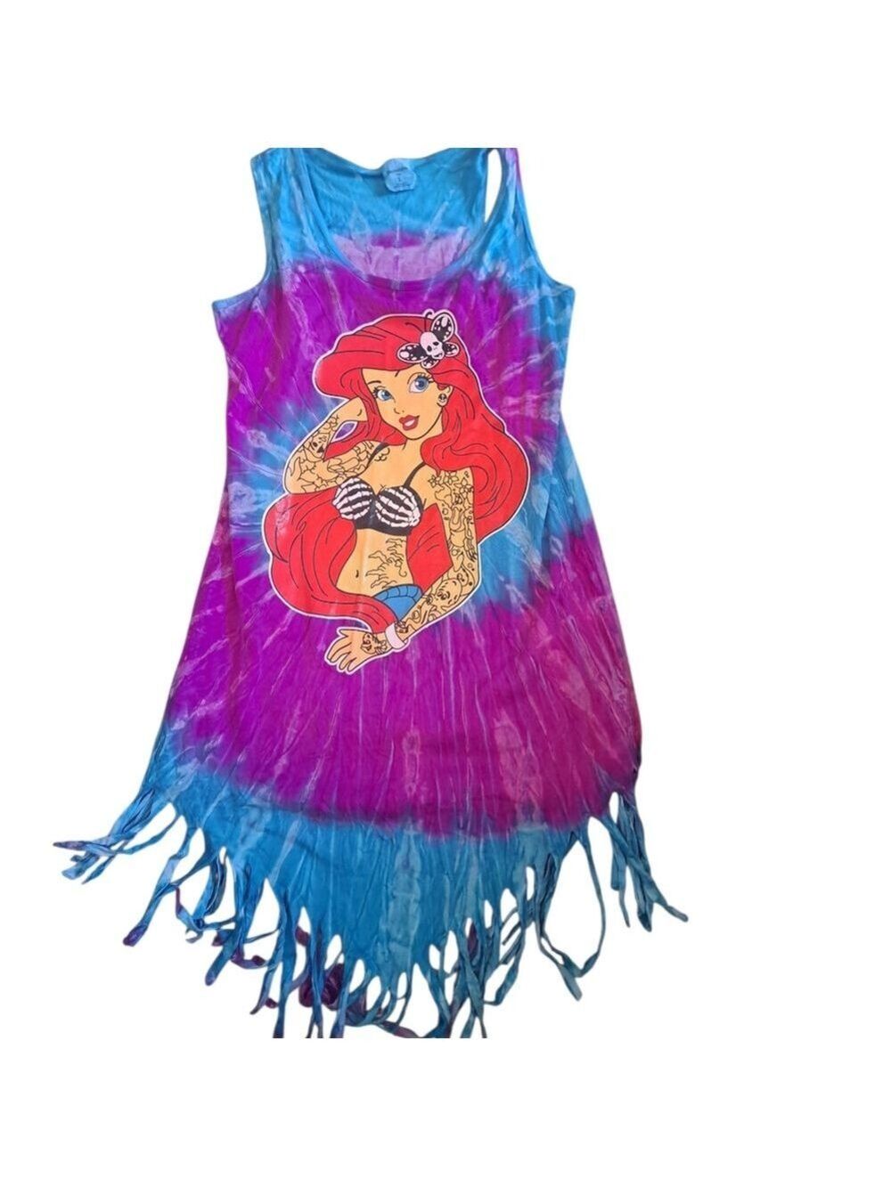 Destinations USA Little MERMAID Tattooed Tie Dyed  Fringe Dress Beach Coverup L